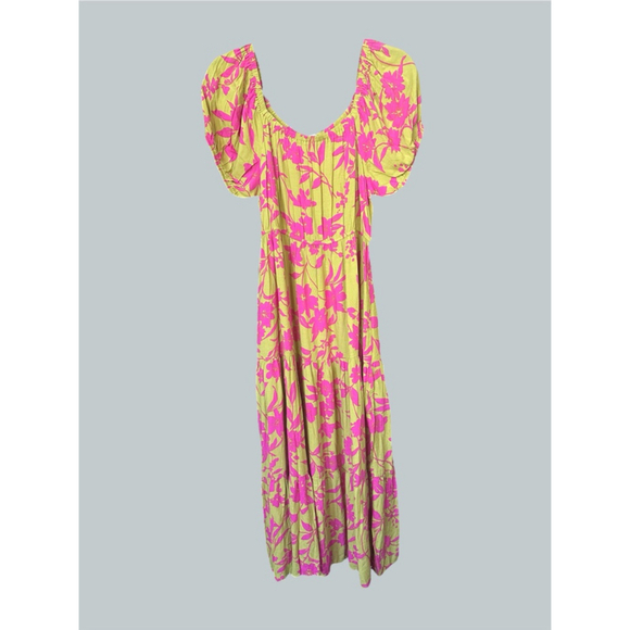 Size S Easel Floral Puff Sleeve Tiered Midi Dress in Lime - Picture 2 of 5